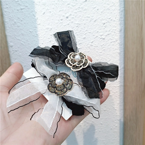 Coletero Lazo Camelia Estilo Francés Tela Organza Scrunchie Elástico Con Perla Artificial Strass Para Mujer Elegante