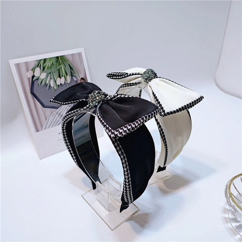 Elegante Damen Schleife Haarreif Hahnentritt Muster Stoff Haarreif Mit Strass Mitte Vintage Mode Haarschmuck