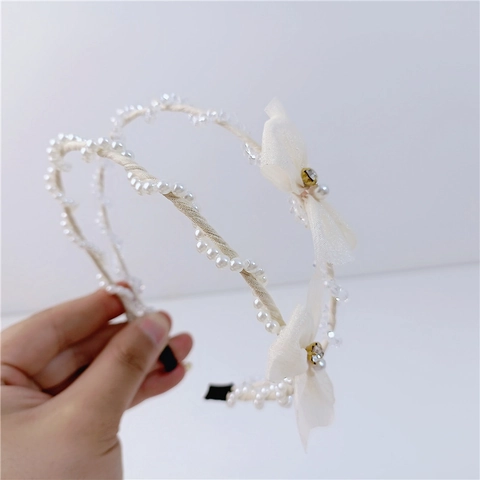 Elegant Korean Double Row Headband Mesh Bowknot With Artificial Pearls Crystal Hair Band For Women Daily Wedding Party Hair Accessories