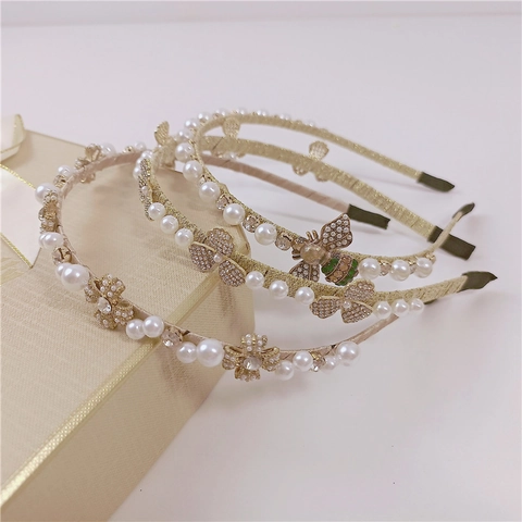 Cerchietto Oro Intrecciato a Mano in Stile Barocco Con Perla Artificiale Strass Trifoglio Ape Fiore Design Retro Accessori Capelli Donna