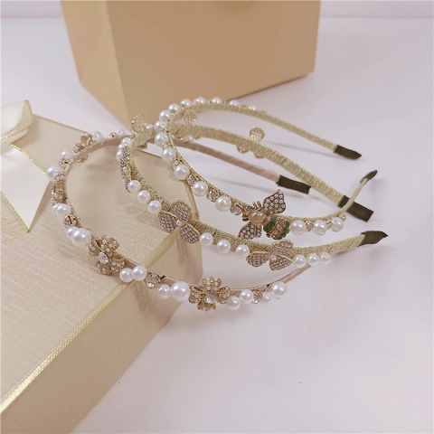 Cerchietto Oro Intrecciato a Mano in Stile Barocco Con Perla Artificiale Strass Trifoglio Ape Fiore Design Retro Accessori Capelli Donna