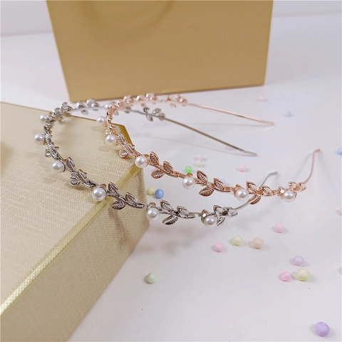 Cerchietto in Metallo con Foglie Barocco Con Perla Artificiale Stile Foresta Elegante Oro Rosa Argento Accessori Capelli Donna