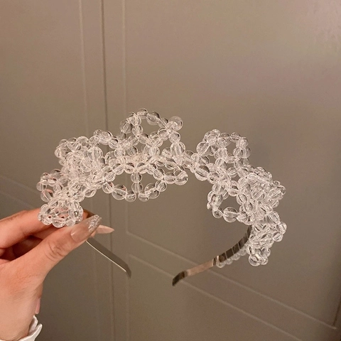 Diadema Elegante para Mujer con Flores de Cuentas de Cristal Transparente Exagerada Tejida a Mano para Boda Fiesta Accesorios