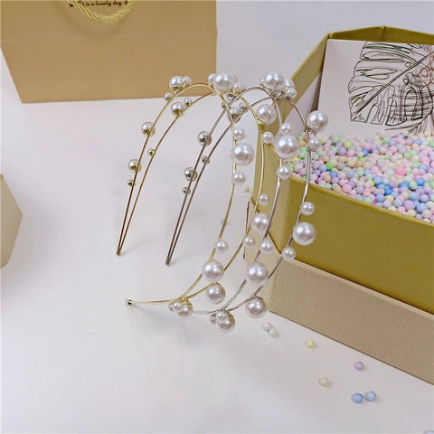 Elegant Double Layer Metal Pearl Headband For Women Gold Silver Electroplated Artificial Pearl Hair Band Party Headwear