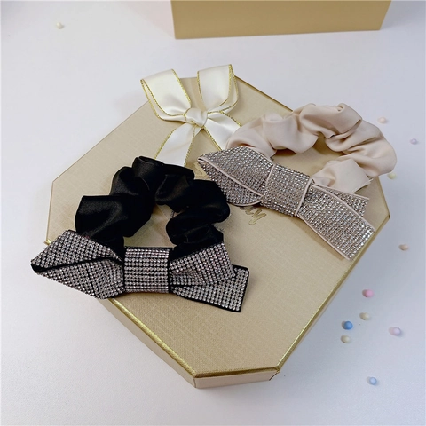 Koreanischer Stil Strass Schleife Haargummi Satin Stoff Großer Haarbinder Eleganter Funkelnder Schleife Haarring Für Damen Schmuck