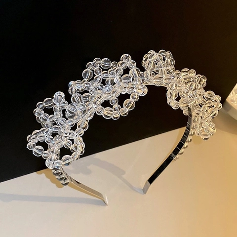 Diadema Elegante para Mujer con Flores de Cuentas de Cristal Transparente Exagerada Tejida a Mano para Boda Fiesta Accesorios