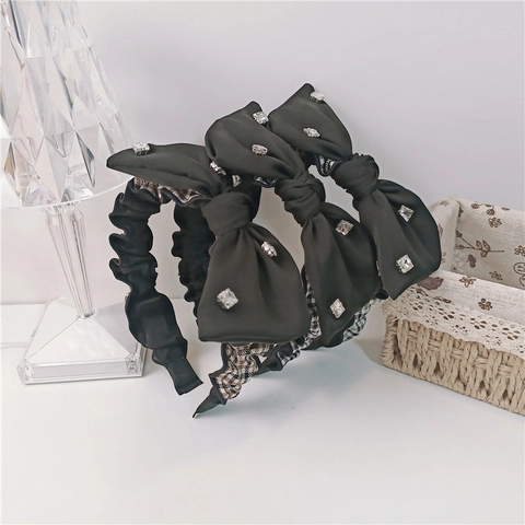 Serre-tête Plissé Vintage en Strass Élégant Bandeau avec Grand Nœud Doublure à Carreaux Accessoire de Coiffure Rétro pour Femmes