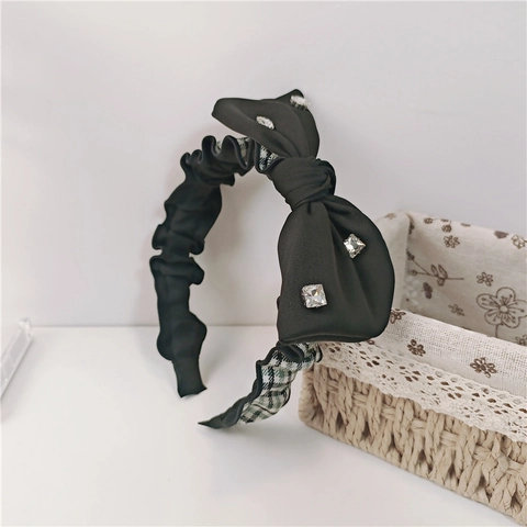 Serre-tête Plissé Vintage en Strass Élégant Bandeau avec Grand Nœud Doublure à Carreaux Accessoire de Coiffure Rétro pour Femmes