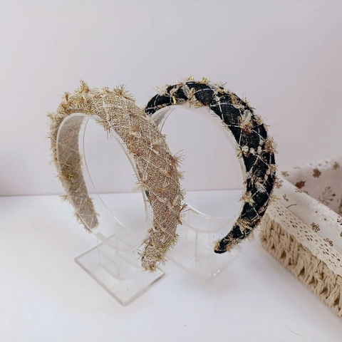 Γαλλική Tweed Καρό Πλατιά Στέκα Μαλλιών για Γυναίκες Με Επένδυση Σφουγγαριού Με Χρυσή Μεταλλική Κλωστή Κρόσσια Κομψό Αξεσουάρ