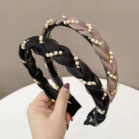 Eleganter Geflochtener Mesh Künstliche Perlen Haarreif Für Damen Im Koreanischen Stil Vintage Twist Haarband Mit Rutschfesten Zähnen
