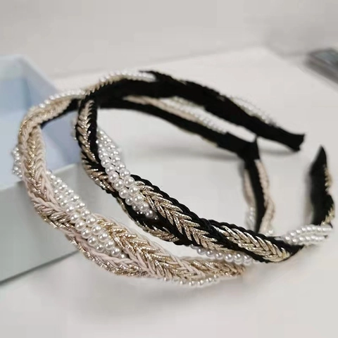 Vintage Geflochtenes Künstliche Perlen Haarband Elegant Twist Geknotet Haarreif Mode Beige Schwarz Weiß Haarschmuck Für Damen Party