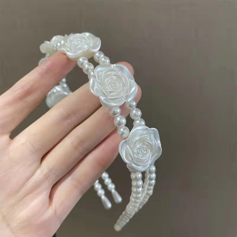 Vintage Französisch Künstliche Perle Rose Haarreif Für Damen Elegant Doppelschichtig Weiß Blume Haarkranz Hochzeit Party Haarschmuck
