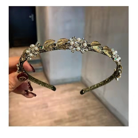 Vintage Baroque Gold Alloy Leaf Headband For Women Artificial Pearl Rhinestone Forest Style Wedding Party Hair Accessories