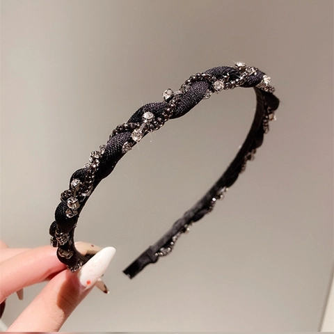 French Retro Black Twisted Fabric Headband With Rhinestone Inlaid Thin Hairband For Women Elegant Daily Hair Accessories