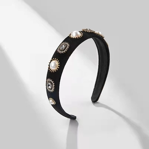 Serre-tête Large en Velours Noir Vintage Baroque pour Femmes Élégant Serre-tête Rembourré avec Perles Artificielles et Strass Accessoire de Mode