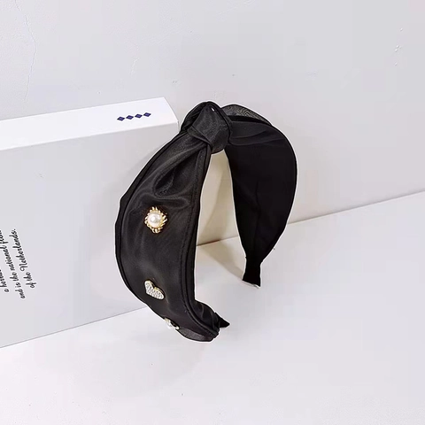 Elegante Cerchietto Largo con Nodo per Donna Stile Coreano Cuore Strass Perla Artificiale Metallo Fascia per Capelli Accessorio Moda