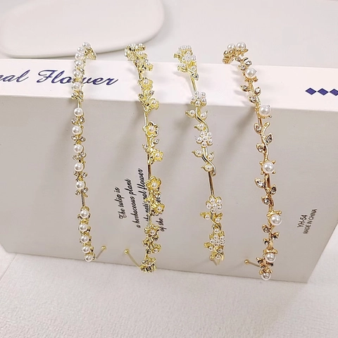 Cerchietto in Lega retrò Barocco a Forma di Fiore e Foglia per Donna Elegante Perla Artificiale Strass Galvanizzato Fascia per Matrimonio Festa