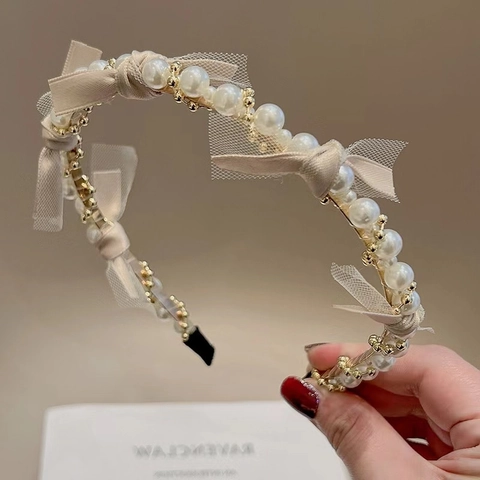 Cerchietto in Stile Coreano con Fiocco in Rete e Perle Artificiali Elegante Cerchietto Vintage in Lega Accessori per Capelli Donna Festa