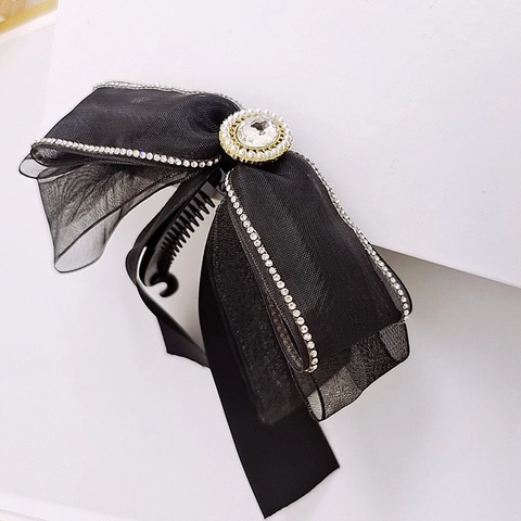 Eleganter Schleife Bananen-Clip Mit Strass Künstliche Perle Koreanischer Stil Netzband Haarschmuck Für Damen