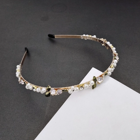 Serre-tête Élégant de Style Coréen Avec Künstliche Perles Fleurs et Feuilles pour Femmes Alliage d'Or Strass Accessoires Cheveux Mariage Fête