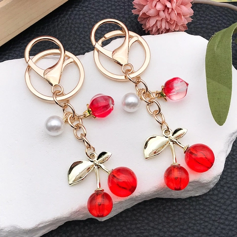 Llavero Coreano Creativo de Resina Fruta Simulada Cereza Melocotón Perla Artificial Colgante para Bolso Hoja de Oro Aleación de Zinc
