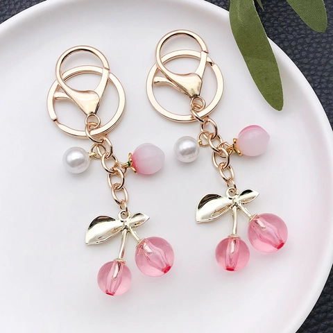 Korean Sweet Resin Fruit Cherry Strawberry Peach Artificial Pearl Keychain Gold Alloy Lobster Clasp Bag Charm Pendant Gift For Women