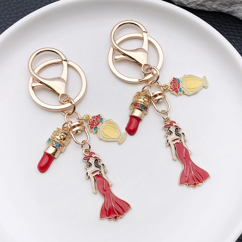 Mode Tropföl Zinklegierung Schlüsselanhänger Lippenstift Elegantes Kleid Dame Parfümflasche Strass Tasche Anhänger Schmuck Geschenk