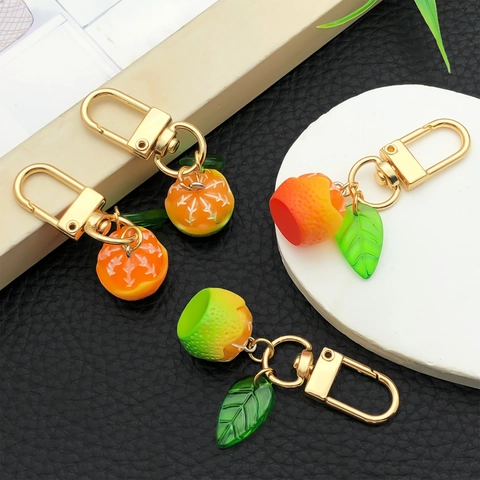 Realistic Simulation Orange Lime Fruit Keychain With Green Resin Leaf Gold Alloy Hook Cute Bag Pendant For Women Gift