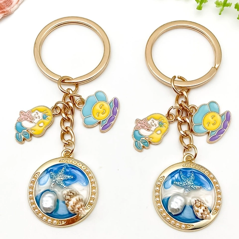 Llavero de Aleación de Zinc Tema Océano Sirena Estrella de Mar Caracola Perla Artificial Oro Esmalte Colgante de Mochila para Mujer