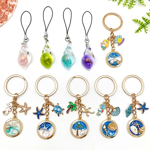 Ocean Theme Keychain Zinc Alloy Resin Starfish Seahorse Shell Turtle Mermaid Pendant For Backpack Phone Charm Women Gift