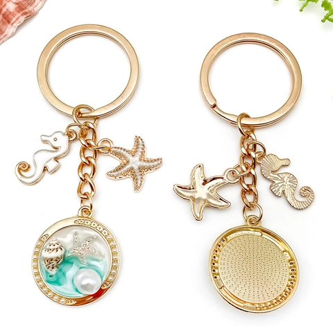 Llavero de Estrella de Mar Concha Caballito de Mar Oceánico para Mujer Oro Aleación de Zinc Perla Artificial Strass Colgante de Bolso Joyas de Playa de Verano Regalo