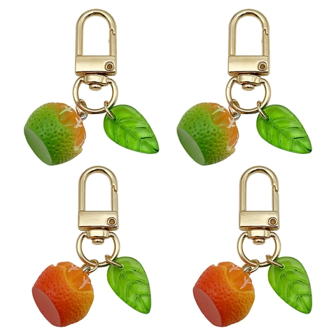 Realistic Simulation Orange Lime Fruit Keychain With Green Resin Leaf Gold Alloy Hook Cute Bag Pendant For Women Gift
