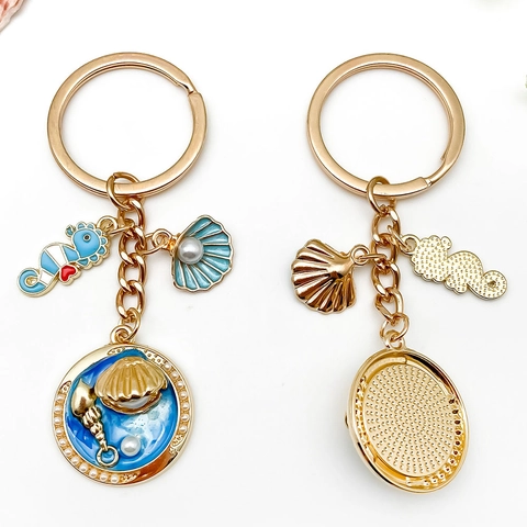 Llavero de Metal de Tema Oceánico Caballito de Mar Caracola Sirena Tortuga Aleación de Oro Colgante de Bolso para Mujer Joyería