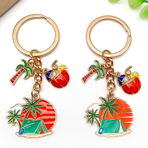 Emaille Camping Reisen Schlüsselanhänger Zinklegierung Kokospalme Zelt Schneeberg Anhänger Sommerurlaub Strand Souvenir Geschenk