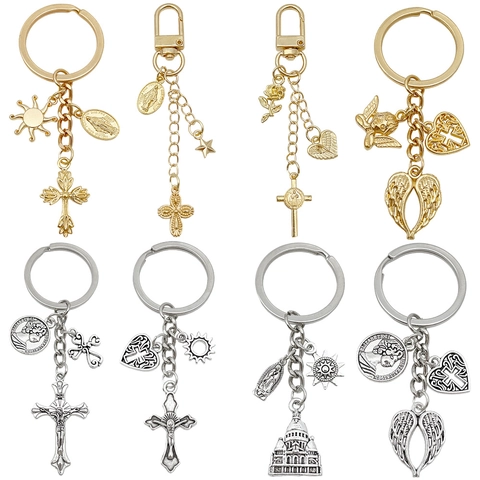 Porte-clés Religieux Vintage en Alliage de Zinc Croix Ailes d'Ange Vierge Marie Pendentif Or Argent Métal Anneau de Clé