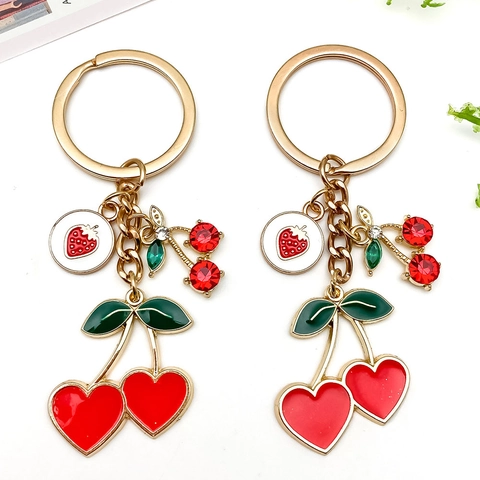 Cute Alloy Enamel Fruit Cherry Strawberry Keychain Gold Plated Heart Cherry Bag Pendant With Rhinestone Key Ring For Women