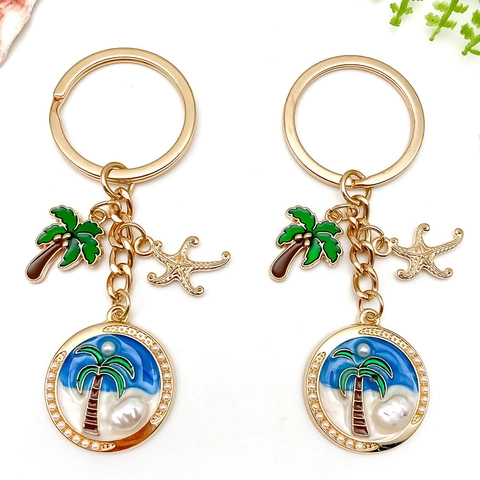 Ozean Sommer Thema Metall Schlüsselanhänger Seestern Kokospalme Künstliche Perlenimitat Emaille Anhänger Tasche Schmuck Deko Geschenk