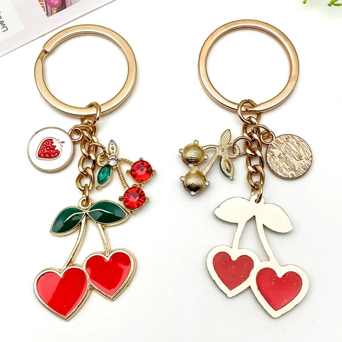 Cute Alloy Enamel Fruit Cherry Strawberry Keychain Gold Plated Heart Cherry Bag Pendant With Rhinestone Key Ring For Women