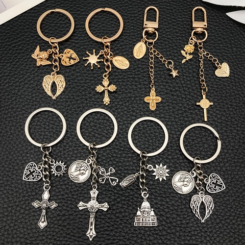 Porte-clés Religieux Vintage en Alliage de Zinc Croix Ailes d'Ange Vierge Marie Pendentif Or Argent Métal Anneau de Clé