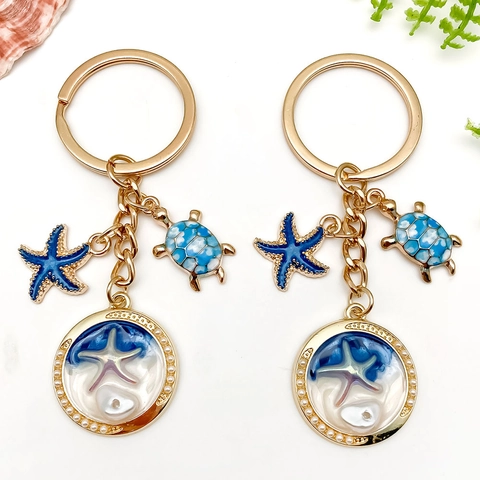 Ocean Blue Turtle Starfish Keychains Gold Alloy Metal Enamel Round Pendant Backpack Charm Women Summer Beach Accessories