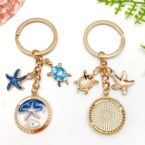 Ocean Blue Turtle Starfish Keychains Gold Alloy Metal Enamel Round Pendant Backpack Charm Women Summer Beach Accessories