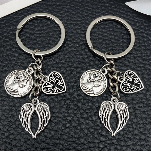 Vintage Zinc Alloy Cross Wing Heart Coin Keychain Religious Angel Pendant Backpack Charm For Men Women Jewelry Accessories