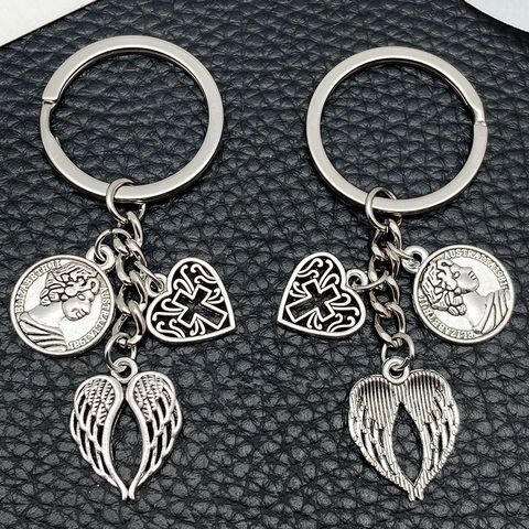 Vintage Zinc Alloy Cross Wing Heart Coin Keychain Religious Angel Pendant Backpack Charm For Men Women Jewelry Accessories