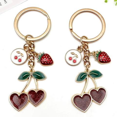 Lindo Llavero de Cereza y Fresa Corazón Aleación de Zinc Esmalte Fruta Colgante de Bolsa para Mujeres Niñas Regalo Diario