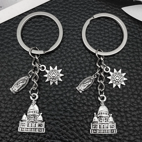 Porte-clés Vintage en Alliage de Zinc Argent Antique pour Femmes Hommes Pendentif Religieux Croix Soleil Château Aile d'Ange