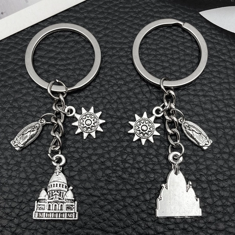 Porte-clés Vintage en Alliage de Zinc Argent Antique pour Femmes Hommes Pendentif Religieux Croix Soleil Château Aile d'Ange