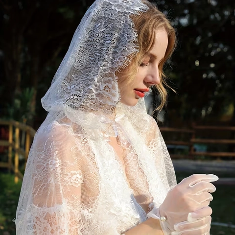 Weiße Spitze Hochzeit Schleier Mit Kapuze Vintage Blumen Braut Umhang Transparente Spitze Schal Für Braut Hochzeit Damen Schmuck
