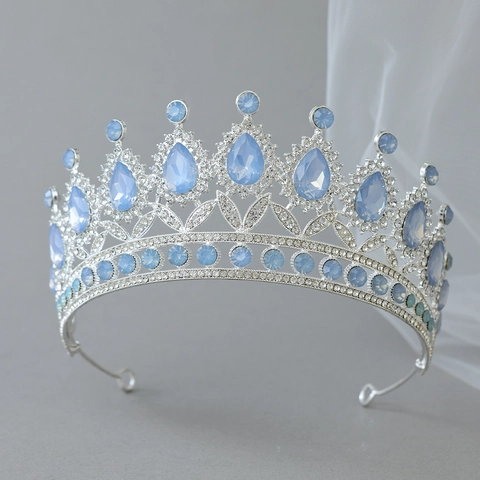 Elegant Alloy Hollow Out Bridal Crown Earrings Set Light Blue Rhinestone Tiara For Women Wedding Birthday Party Fashion Pageant Jewelry
