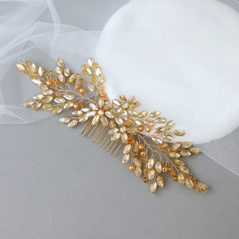 Pettine per Capelli Sposa Fatto a Mano Oro Champagne Strass Perla Artificiale Fiore Ramo Matrimonio Festa Donna Gioielli