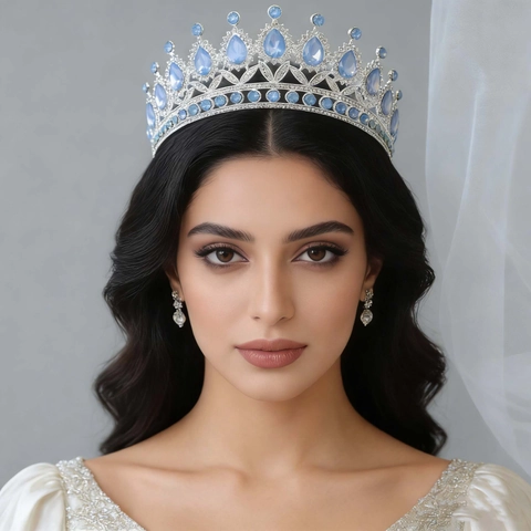 Elegant Alloy Hollow Out Bridal Crown Earrings Set Light Blue Rhinestone Tiara For Women Wedding Birthday Party Fashion Pageant Jewelry